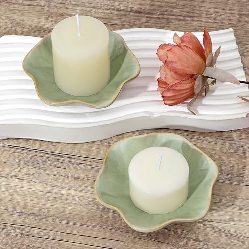 Koythin 2-Piece Ceramic Candle Holder, Aesthetics Candlestick Holders for Tea Lights, Lotus Leaf Shape Candle Stand for Mantle Table, Adorable Vintage Decor for Weddings Dining (Light Green) - color: Light Green