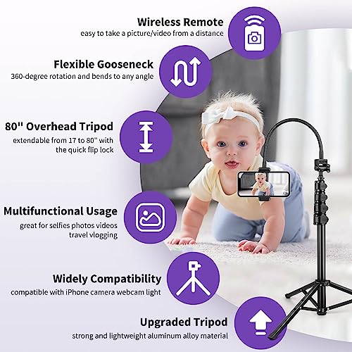 Nineigh 80" Phone Tripod, Selfie Stick Cellphone Tripod, Aluminum Tripods Stand for Video Photo Vlog, Travel Tripods with Gooseneck Remote Phone Holder, Compatible with iPhone Android Smartphone - size: 80 Inch