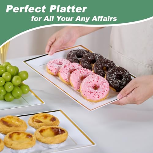 FOCUSLINE 8 PCS Plastic Serving Trays, White and Gold Rim Plastic Serving Platters, Disposable Tray for Food, Perfect for Wedding Parties - color: White