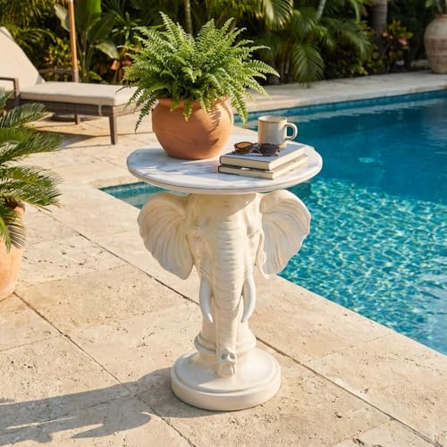 Modern Accent Table with White Elephant Ornament Base, Minimalist Faux Marble End Table for Living Room Reception Area & Bedroom, 19.69 Inches Wide × 25.98 Inches High - color: White Elephant Head Statue