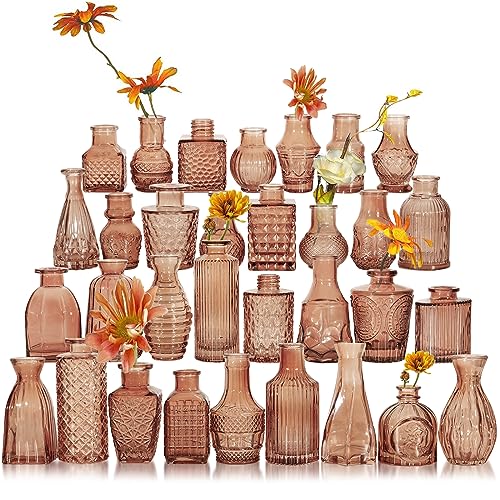 Glass Bud Vase Set of 32 Pcs, Small Glass Vases for Flowers, Amber Bud Vases in Bulk, Vintage Vases for Wedding Centerpieces, Wedding Decorations, Home Table Flower Decor - color: Amber