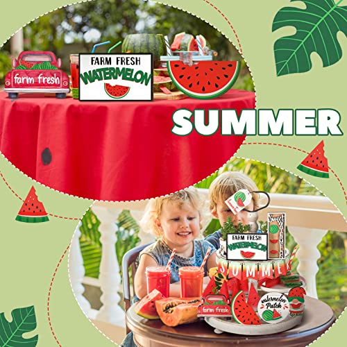 13 Pcs Summer Watermelon Tiered Tray Decor Set Farmhouse Wood Summer Wood Sign Hawaii Tiered Tray Decorations Tabletop Rustic Wooden Red Gnome Table Signs for Home Kitchen Table Decoration - style: Watermelon
