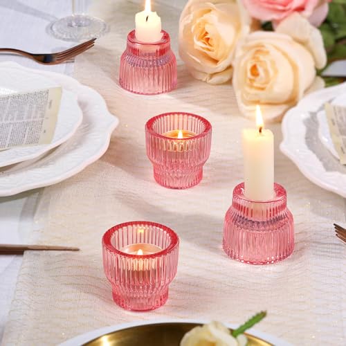 HAVITI 12 Pack PinkTaper Candle Holders, Glass Candlestick Holders, Tea Light Candle Holder for Fall Wedding Centerpieces Table Decorations, Votive Candle Holders for Table Decor - color: Pink