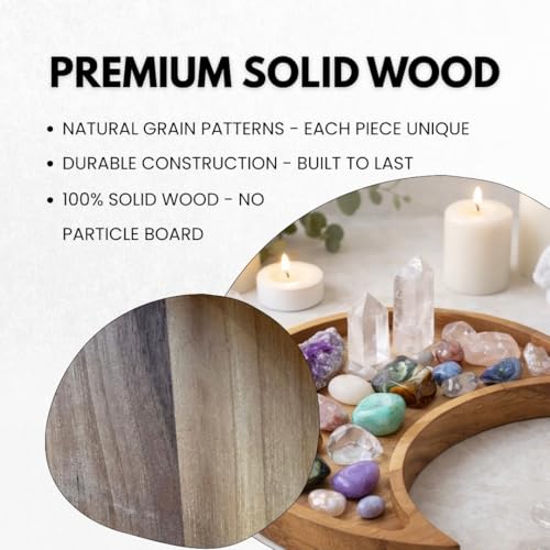 Acacia Wood Moon Crystal Display Tray - Natural Wooden Altar Tray 10.5" x 5" for Crystals and Stones Storage - Solid Wood Jewelry Organizer Dish - Boho Bedroom Decor - color: Acacia