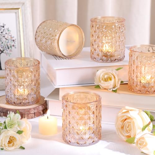 MATAHUM 12 Pcs Large Votive Candle Holders 2.8 * 3.2inch Gold Tea Light Candle Holders Glass Candle Holder for Bridal Shower, Wedding, Table Centerpiece, Party, Home Decor - color: Gold