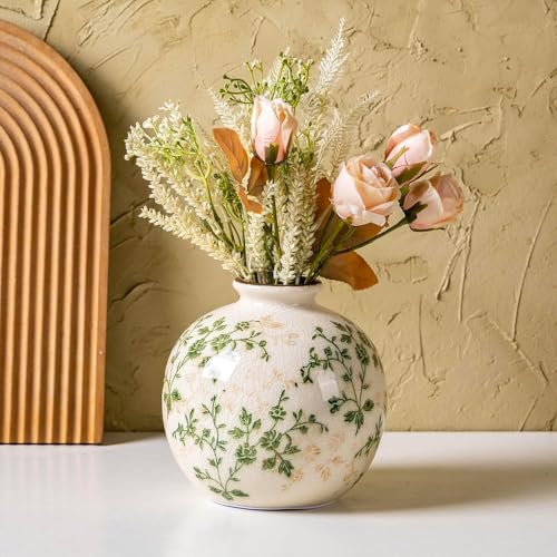 Green Pastoral Round Ceramic Vase 5.9”, Vintage Floral Rustic Farmhouse Vase, Chinoiserie Tuscan Cottage Core Decor for Living Room, Office - color: 13-green and Beige