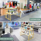 Metal Shoe Handbag Display Table，3 Tier Heavy Duty Risers Display Stands，Modern Standing Display Riser Shelf for Retail Stores Vendor Events, Iron and Wood, Gold