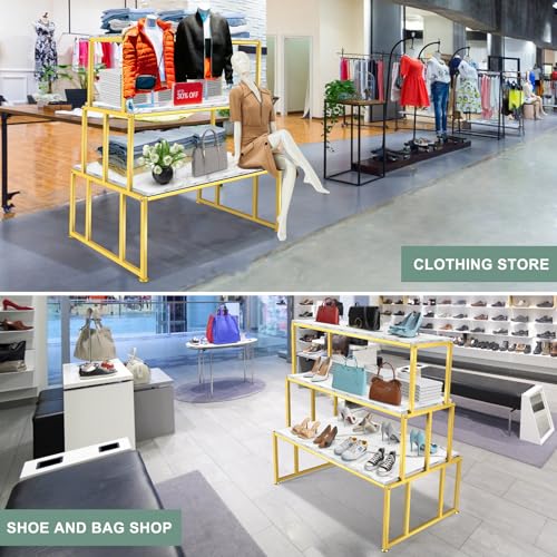 Metal Shoe Handbag Display Table，3 Tier Heavy Duty Risers Display Stands，Modern Standing Display Riser Shelf for Retail Stores Vendor Events, Iron and Wood, Gold