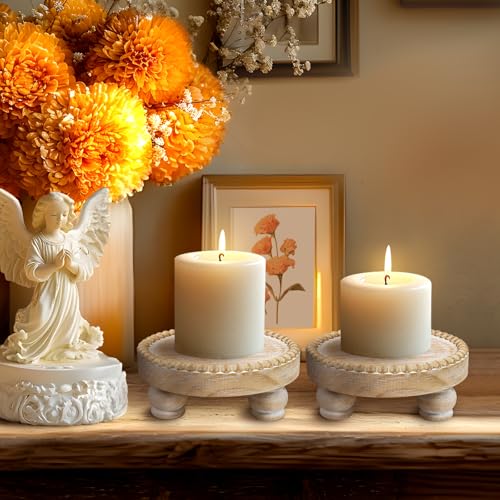 Small Wood Risers for Decor, Round Wooden Display Risers Candle Plates and Trays, Farmhouse Candle Trays Home Decor, Pedestal Stand for Mini Cake, Mug Display Decorative, Table Centerpiece, Brwon - color: Brown, size: Set of 2