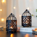 JHY DESIGN 6 Pcs 5.5 inch Height Small Metal Candle Stick Holder Hanging Birdcage Tealight Lantern Hollow Candle Holders for Table Valentine Patio Indoor Outdoor Gifts(Black) - color: Black
