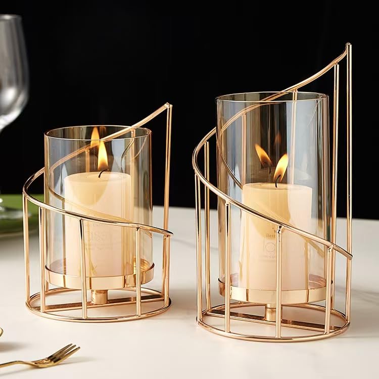 Gold Hurricane Candle Holder, Gold Glass Pillar Candle Holders with Clear Glass Sleeve - Elegant Centerpiece for Weddings, Dinners, Party Decor - color: Gold-20cm