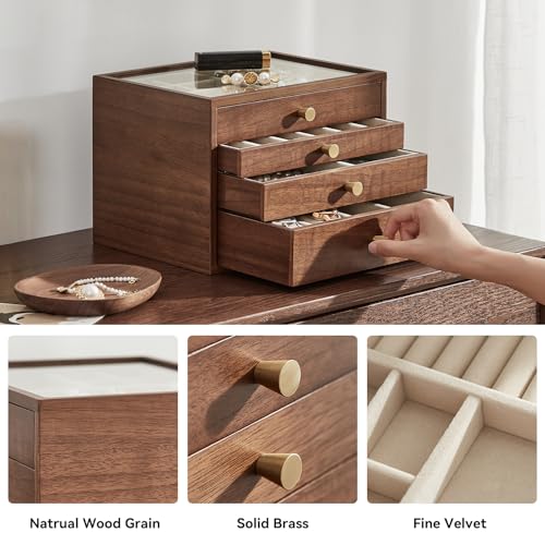 CHOSIN Black Walnut Jewelry Box for Women, 4-Layer Wooden Organizer with Glass Lid, for Watches, Necklaces, Rings & Earrings Storage Christmas Gifts - style: 4 Layer A