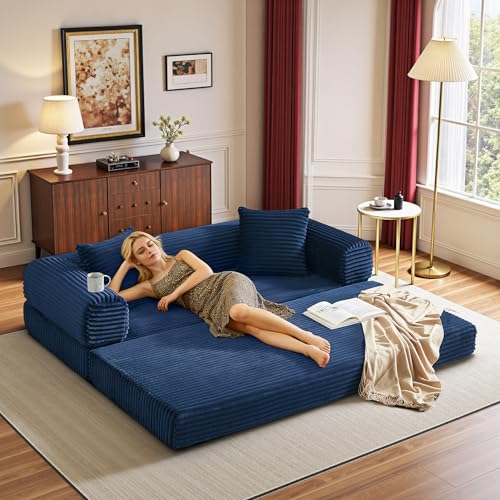 Boneless Couch Versatile Couches for Living Room No-Install Sofa Bed Corduroy Futon Soft Cloud Couch with Pillows for Bedroom Game Movie (Dark Blue, 76") - color: Dark Blue