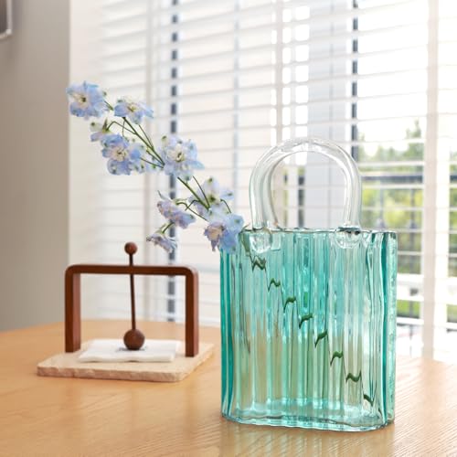 10.8" Modern vase, Transparent Blue Glass Striped Handbag vase, Home Decoration. Elegant Handbag, Suitable for Bedroom, Living Room and Home Decoration- Blue - color: Vertical Patterned Vase - Blue