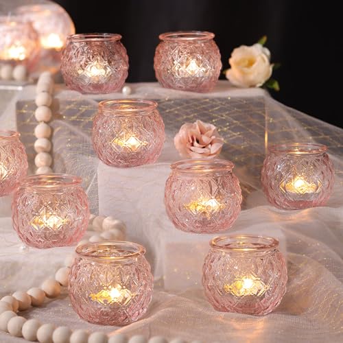 DARJEN 12Pcs Pink Votive Candle Holders - Round Glass Candle Holders for Flameless LED Tea Waxes, Romantic Candle Holder for Wedding & Home Table Decor, Various Parties - color: Pink, size: 12PCS