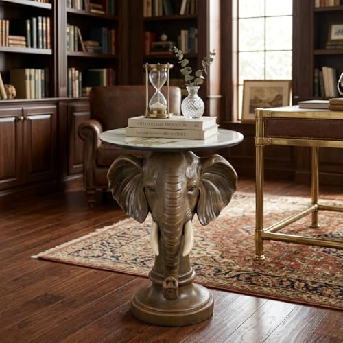 Elephant Sculptural Side Table, 19.69" W x 25.98" H Faux Marble Top, Resin Animal End Table, Unique Accent Table for Living Room, Gift for Housewarming - color: Yellow Elephant Head Statue