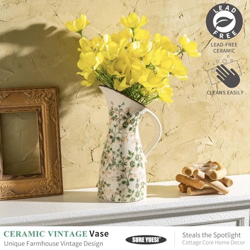 Ceramic Flower Vase | Green Rustic Farmhouse Pitcher Vase for Home Decor, Vintage Floral Tuscan Vase for Living Room & Kitchen, Mantel & Bookshelf, Centerpieces, Entryway, Wedding(10.5 Inch) - color: 15-green and Beige