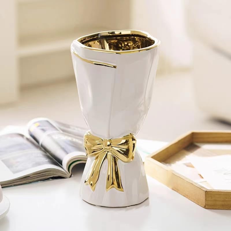 White and Gold Vase, Bow Vase for Home Decor, White Flower Vases for Boho Style, 9.65 Inch Large Vases for Ideal Table Decor, Ceramic Bouquet. （Glazed Exterior and Interior） (White, Large) - color: White and Gold