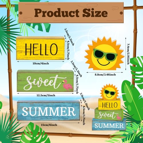 Yuntau 4 Pcs Summer Table Decoration Hello Sweet Summer Tiered Tray Decor Rustic Wood Flamingo Centerpiece Summertime Decorative Block Signs Farmhouse Tabletop Decor for Home Kitchen Shelf Office - style: Sunshine