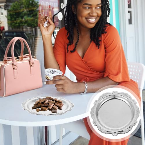 Cabilock Silver Iron Serving Tray, 7.87In Elegant Snack Serving Platter for Party Food Desserts and Jewelry Display, Multifunctional Decorative Tray for Entertaining