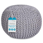 BIRDROCK HOME Round Pouf Ottoman | Cotton Braided Foot Stool with Bean Bag Filling | Boho Foot Rest for Living Room & Bedroom | Compact & Comfortable Seating, Lightweight & Soft | Light Grey
