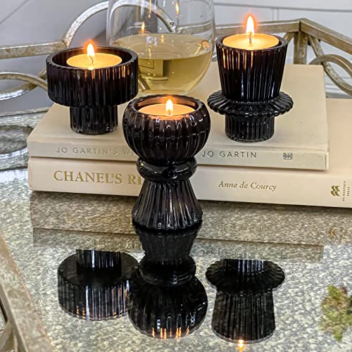 Kate Aspen Vintage Ribbed Glass Black Candlestick Holders, Pillar Candle, Tealight & Votive Candle Holders (Set of 6, 3 Assorted Sizes), Dining Table Decor, Shelf Decor, Centerpiece - color: Black