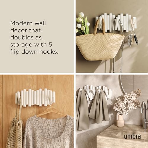 Umbra Picket Wall-Mounted Coat Rack Rail Hook with 5 Retractable Wood Pegs – Modern, Space-Saving Storage Organizer, White - color: White, size: 5-Hook