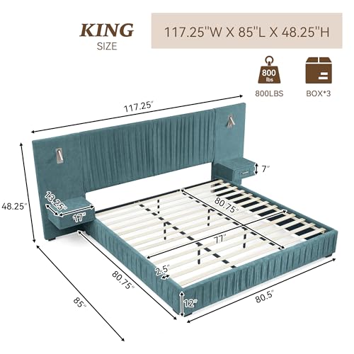 Luxury King Size Bed Frame with Oversized Upholstered Headboard, Modern Chenille Upholstered Platform Bed Frame with Gold LED Lights, Nightstands, No Box Spring Needed, Blue - color: Blue, size: King