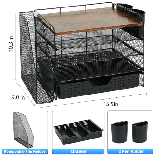 OPNICE Desk Organizer, 5-Tier Paper File Organizer with Drawer & Pen Holder, Office Desk Accessories, Workspace Desktop Organizer for Office Supplies(Brown Wood) - color: Brown Wood, size: 5-Tier