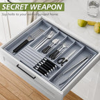 Bamboo Kitchen Silverware Drawer Organizer - Expandable Wood Utensil Holder with Dividers, Luxury Cutlery Storage Tray for Kitchen Utensil and Flatware (5-7 Slots with Removable Knife Block, Grey) - color: Grey