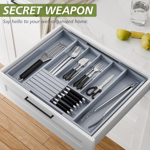 Bamboo Kitchen Silverware Drawer Organizer - Expandable Wood Utensil Holder with Dividers, Luxury Cutlery Storage Tray for Kitchen Utensil and Flatware (5-7 Slots with Removable Knife Block, Grey) - color: Grey