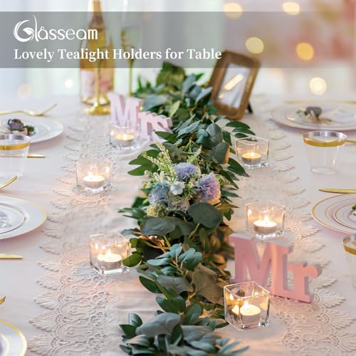 Glasseam Glass Votive Candle Holders: Set of 6 Clear Square Tealight Holder Small Tea Light Holders for Table Centerpiece Wedding Decor