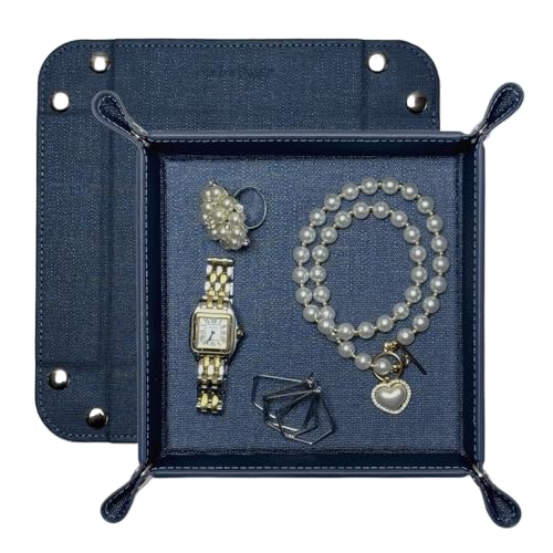 UnionBasic Small Valet Tray, Jewelry Tray for Rings Watches Earrings, Entryway Catchall Caddy for Coins Keys Change, Nightstand Bedside Valet Holder, Trays for Electronic Gadgets, Denim Blue - color: Denim Blue, size: 5.4" x 5.4" x 1.6"