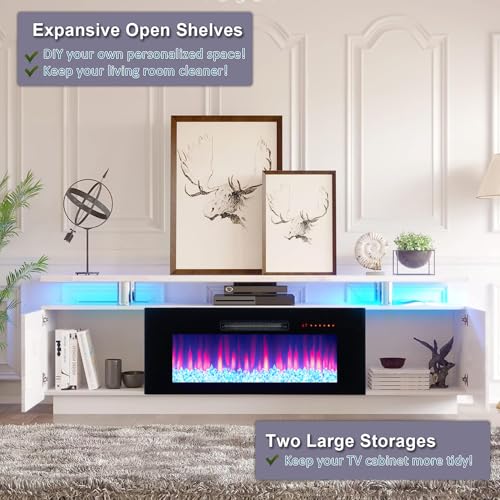 AMERLIFE Fireplace TV Stand with 36" Fireplace, 70" Modern Fireplace Entertainment Center LED Lights, 2 Tier TV Console Cabinet for TVs Up to 80", Ivory White - color: White & Black, size: 70"