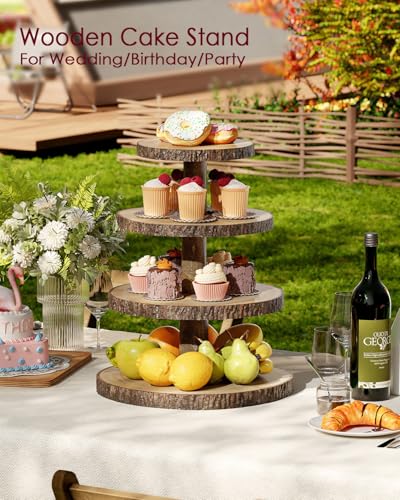 SANYOUNG Wood Cupcake Stand, 4 Tier Wooden Cupcake Tower, Large Rustic Cake Display Holder Stand for Woodland Baby Shower, Wedding, Birthday, Tea Party, Farmhouse Dessert Table Decorations