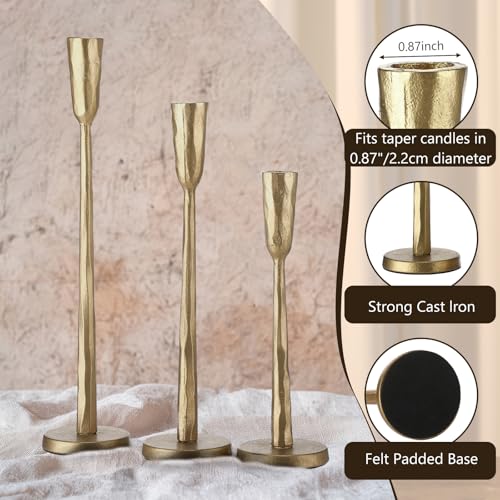 Qinyoung Set of 3 Antique Brass Candlestick Holders Cast Iron Taper Candle Holder Vintage Decorative Candle Stand Candlestick Holder for Wedding Table Dining Home Decoration