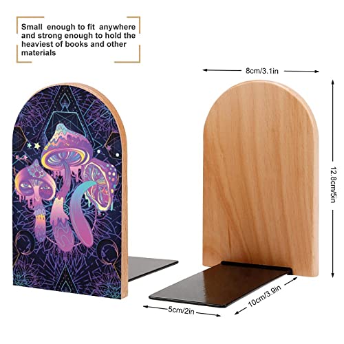 Magic Mushrooms Psychedelic Art Pattern Wood Bookends Decorative Bookend Non-Skid Office Book Stand for Books Office Files Magazine, Wood-style, One Size