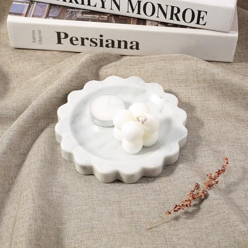 Koville 5.51" Scalloped Marble Tray, Round Stone Jewelry Trinket Dish for Ring, Natural Small Marble Tray for Bathroom Kitchen Dresser Countertop, Decorative Candle Tray(Bianco Carrara) - color: Carrara, size: D=5.51"
