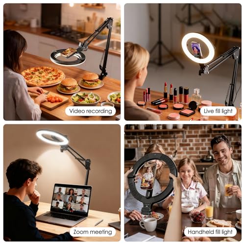 Magnetic Overhead Phone Mount with 10” Ring Light, 5000mAh Flexible Articulating Circle Lamp Table Tripod, iPhone Stand for Video Recording Cooking Nail, Zoom Meeting, Live Streaming Tiktok