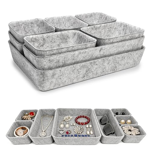 8pcs Felt Desk Drawer Organizer Tray, 4 Sizes Drawer Organizers Set for Office Supplies, Jewelry, Makeup, Cosmetics, Desk & Drawer Storage (Light Gray) - color: Light gray
