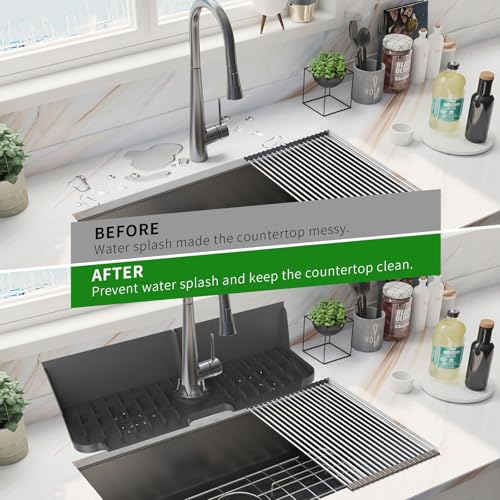 LVJING 17” x 5.5” Silicone Faucet Handle Drip Catcher Tray Mat, Silicone Faucet Mat Dish Soap Sponge Holder for Kitchen Sink, Drying Mat for Kitchen Counter Bathroom Kitchen Sink Splash Guard - Black - size: 17” Black
