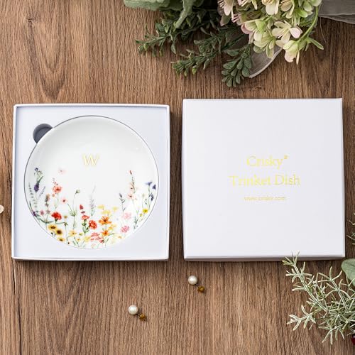 Crisky Initial Jewelry Tray Ring Dish & Gift Box, Ceramic Flower Trinket Dish for Rings Earrings Necklaces Keys, Bridal Shower Engagement Birthday Gift for Women, Friends 4.57" (Gold Foil W - style: Initial W