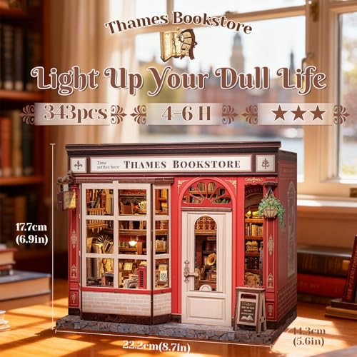 CUTEFUN DIY Book Nook Kit, 3D Puzzle Creative British Library Bookend Bookshelf Decor for Adults Teens, Magic Bookshop Miniature Kit with LED & Dust Cover, Gifts for Book Lovers (Thames Bookstore) - style: Thames Bookstore