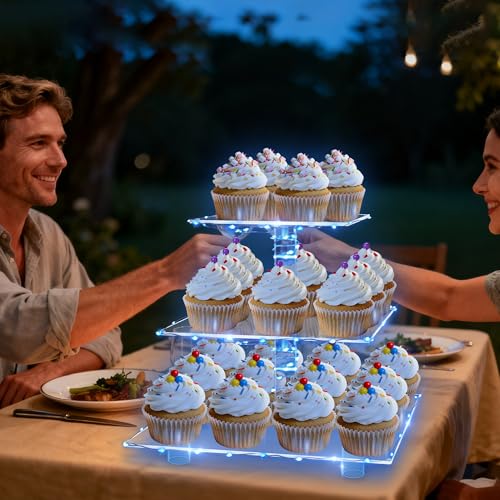YestBuy 3 Tier Square Cupcake Stand - Premium Cupcake Holder - Acrylic Cupcake Tower Display - Cady Bar Party Décor + LED Light String - Ideal for Weddings, Birthday Parties( Blue Light) - color: Blue, size: 3 Tier Square