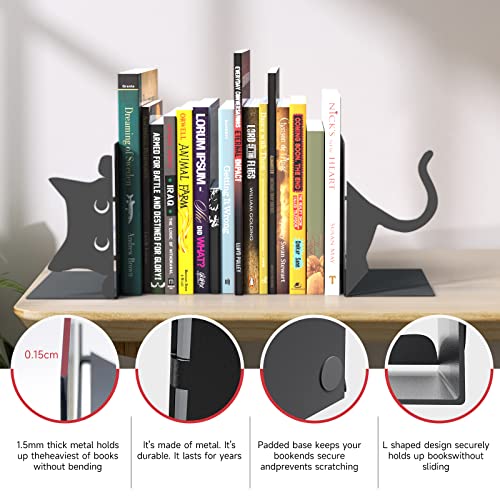 Book Ends Decorative,ENCIMART Book Ends,Metal Bookends,Book Holders for Shelves,Office Decorative Bookends,1.5mm Thickened Book Ends,Bedroom Library Office School Book Desktop Organizer Gift（Cat） - color: Cat