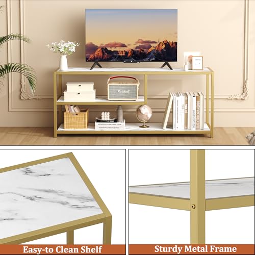 Function Home TV Stand for TVs up to 55 Inch, 3 Tier Entertainment Center, Media Console with Open Storage Shelves for Living Room Bedroom, 47” Modern TV Table with Faux Marble Top Gold Metal Leg - color: 47" Gold