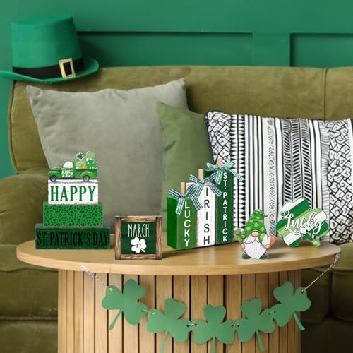 Vercraft 11 Pcs St. Patrick's Day Table Decorations Shamrocks Tiered Tray Home Decor Irish Centerpiece Decorative Wood Books Table Top Decor Clover Wooden Sign for Party Supplies - style: Shamrocks
