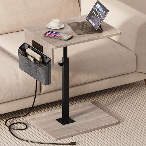 Vagusicc Sofa Armrest Tray Table for Couch - 360° Swivel Height Adjustable Side Table for Small Spaces, Snack Side Table for Bed or Chair, C Shaped End Table Snack Table for Eating Dinner Laptop - color: Greige, style: With Plug+Storage Bag