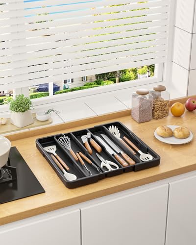 Aujen Silverware Organizer - Expandable Kitchen Drawer Organizer, Adjustable Utensil Organizer, Cutlery Tray for Forks, Knives, Multipurpose Kitchen Organizers and Storage Solution, Black, X-Large - color: Black, size: X-Large