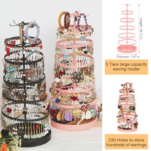 17Dec 6 Tier Rotating Jewelry Organizer Stand, 230 Holes Earring Holder Organizer for Women Girls, Spinning Earring Tree with Ring Holder, Wide Base for Bracelets Watches Lipstick - color: Metal,6-Tier,Pink